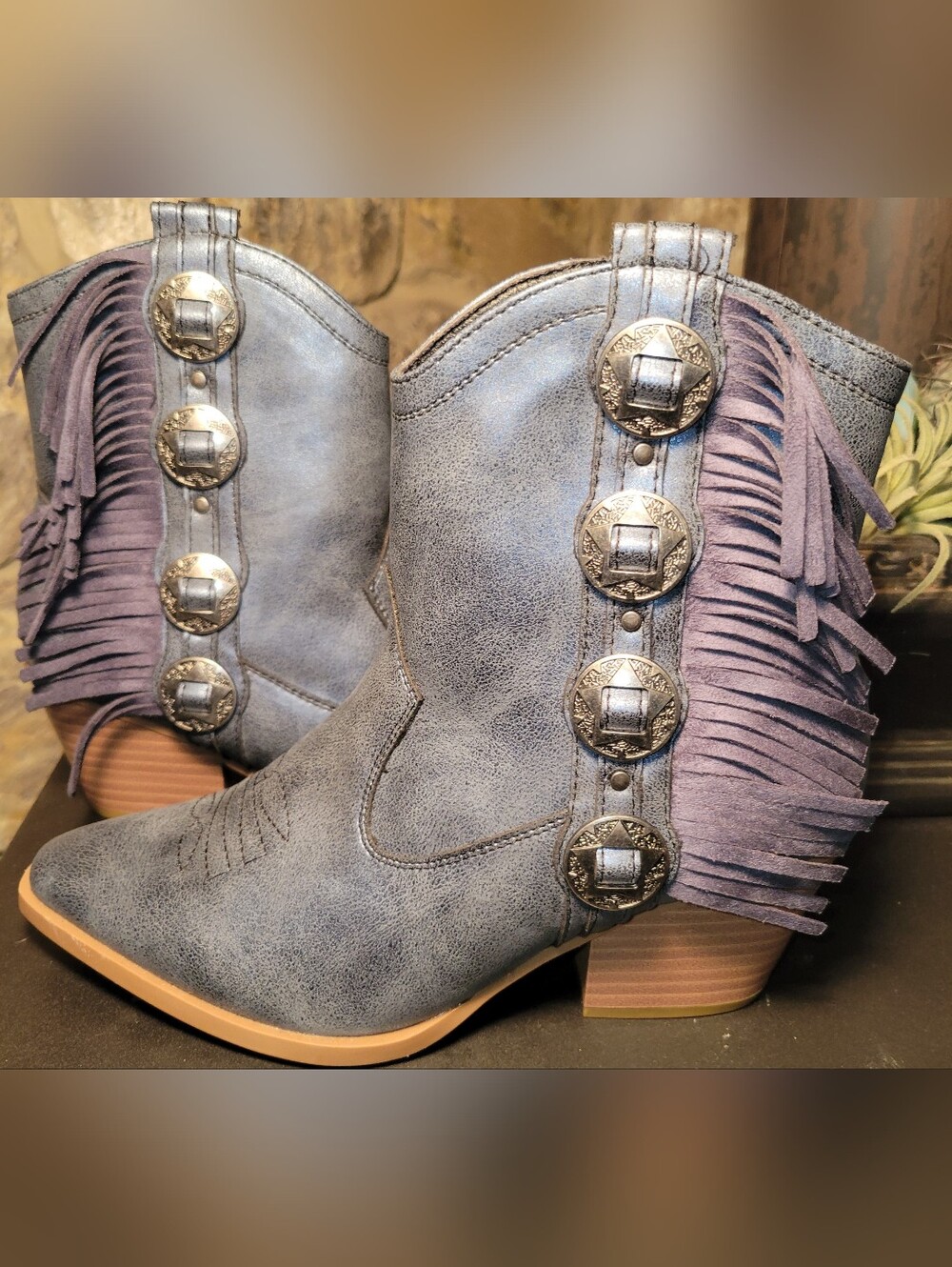 Women’s Gray Western Fringe Ankle Boots Concho Boho Cowgirl Booties 7